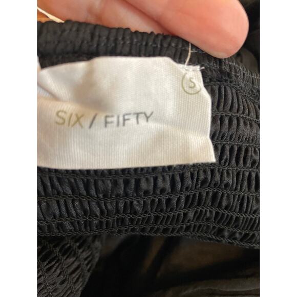 Six/Fifty Women's Size Small Satin Keyhole Blouse Black Ruched Peplum Top - Picture 10 of 11